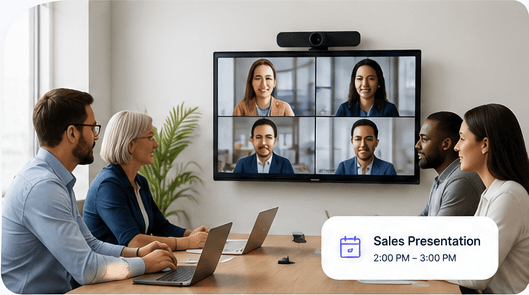 A team in a conference room on a video call with remote participants