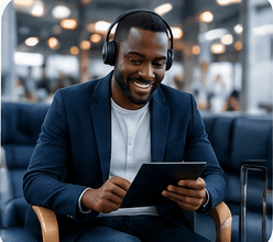 A professional joining a meeting from a tablet